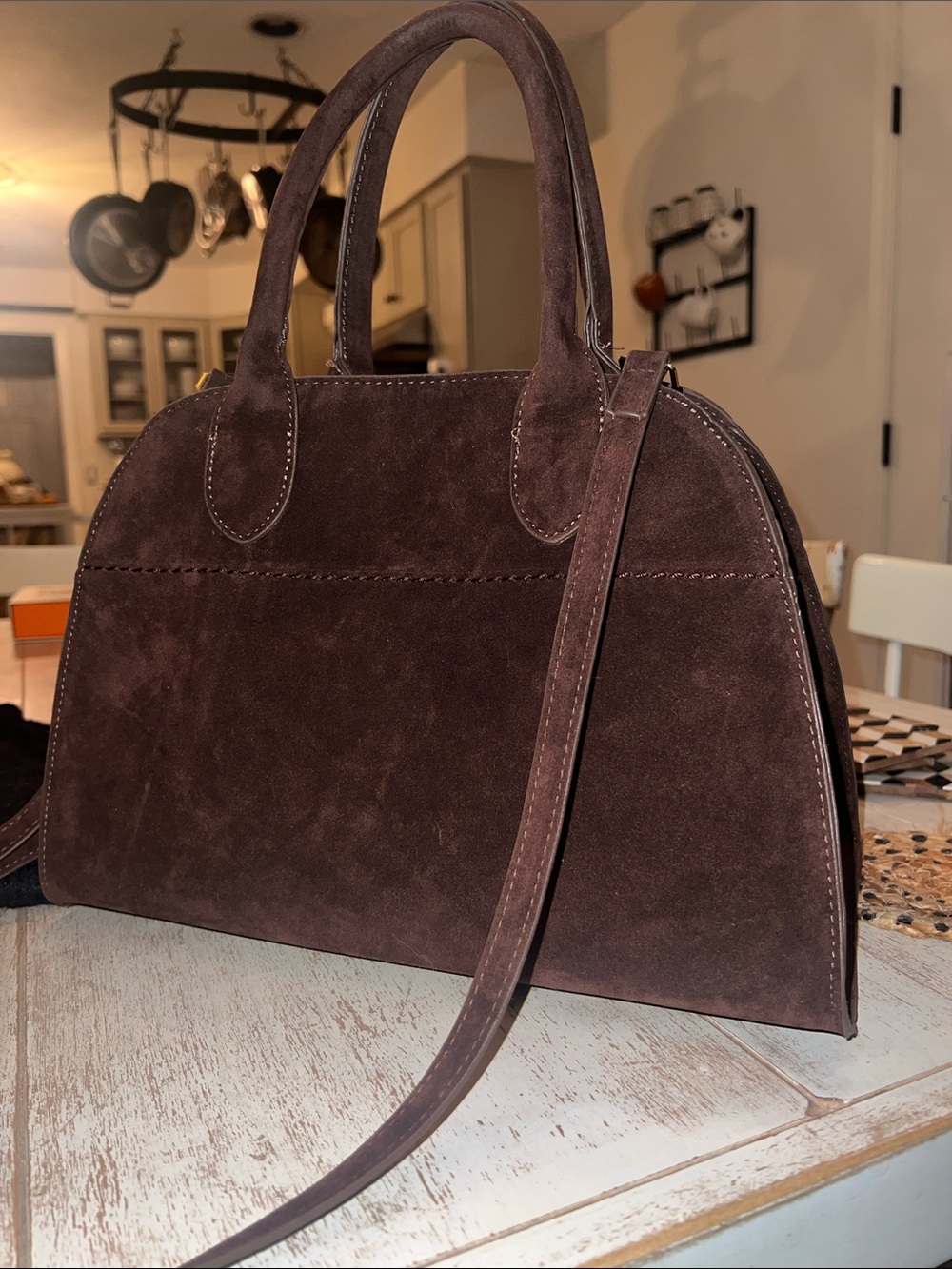 Structured Suede Satchel Handbag in Dark Brown
